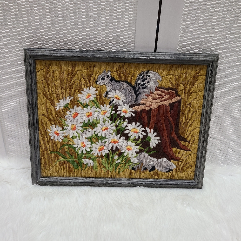 Crewel Embroidery Squirrel and Daisies Wall Art Vintage 70s